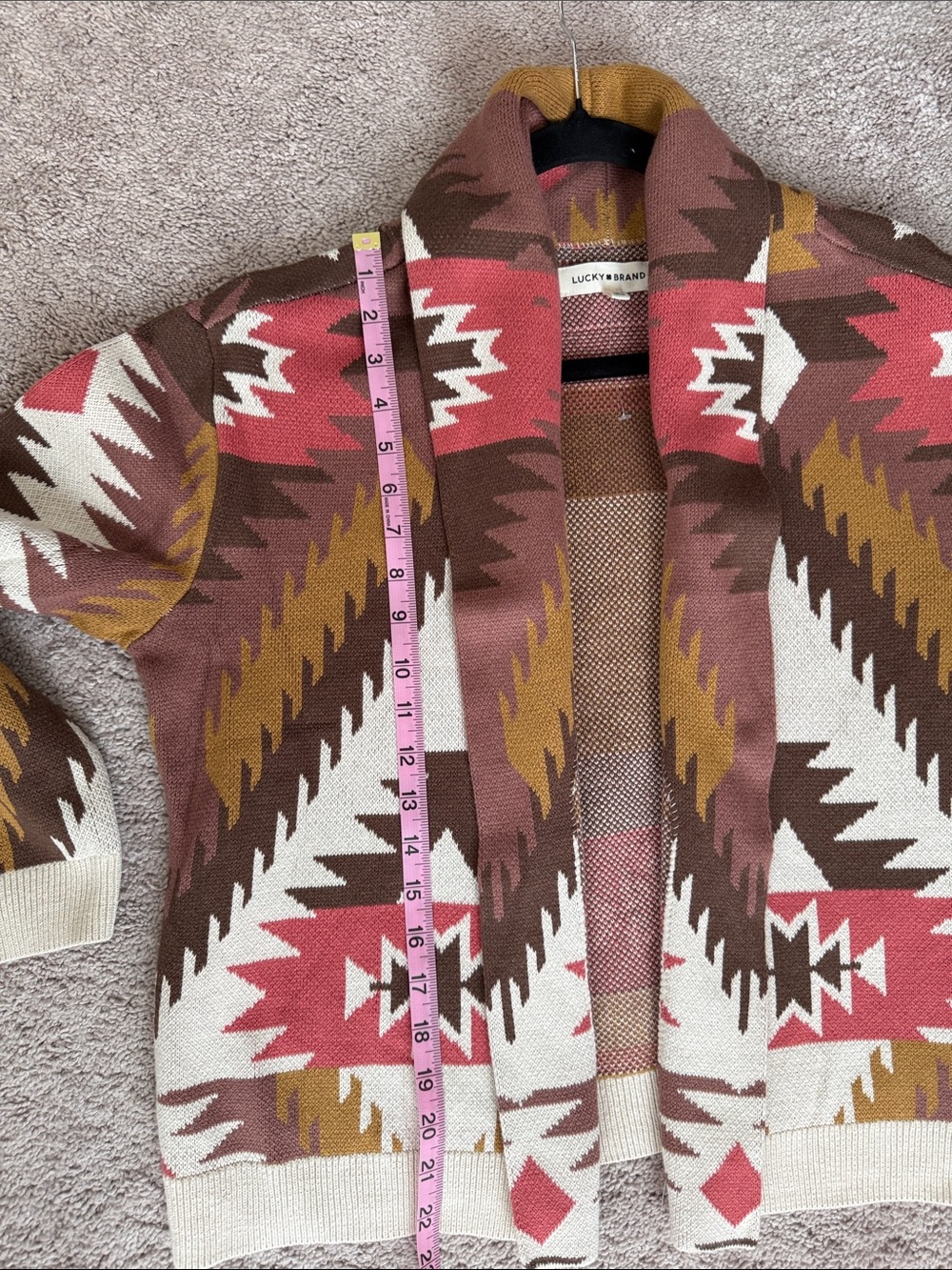 Lucky Brand Aztec Open-Front Cardigan in Pink, Brown, Rust & Cream - Picture 11 of 12